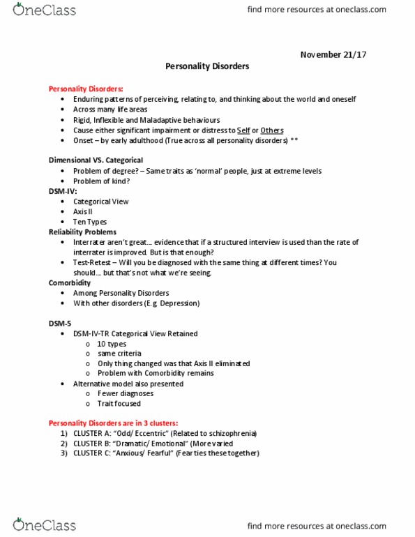 PS280 Lecture Notes - Lecture 10: Cluster B Personality Disorders, Personality Disorder, Social Anxiety Disorder thumbnail