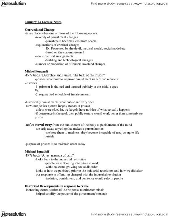 CRIM 241 Lecture Notes - Lecture 2: Kingston Penitentiary, Michael Ignatieff, Prison Reform thumbnail