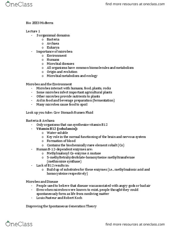 BIOLOGY 2EE3 Lecture Notes - Lecture 1: Louis Pasteur, Microbial Metabolism, Homocysteine thumbnail