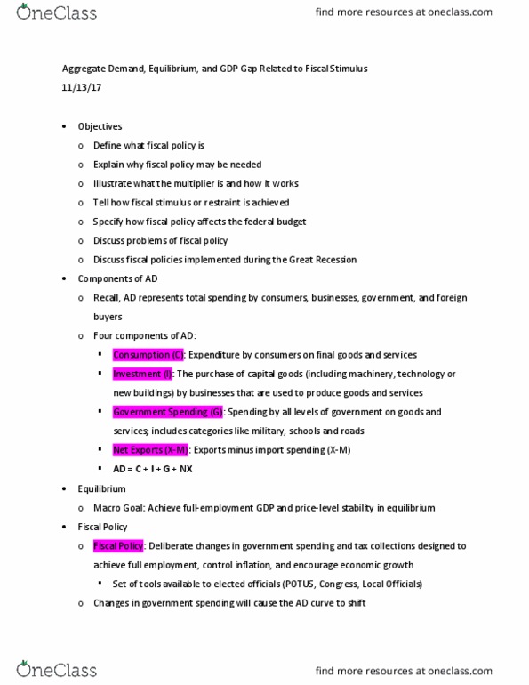 ECON100 Lecture Notes - Lecture 31: Aggregate Demand, Fiscal Multiplier, President Of The United States thumbnail