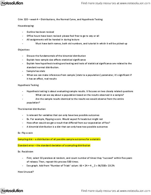 CRIM 320 Lecture Notes - Lecture 4: Binomial Distribution, Statistical Significance, Sampling Distribution thumbnail