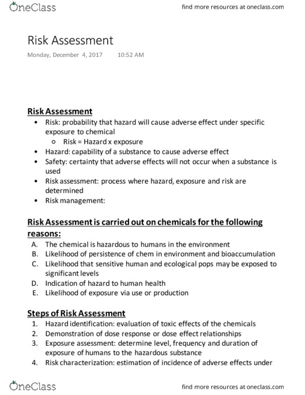 BIOL-2110 Chapter Notes - Chapter 12: Risk Assessment, Exposure Assessment, Bioaccumulation thumbnail