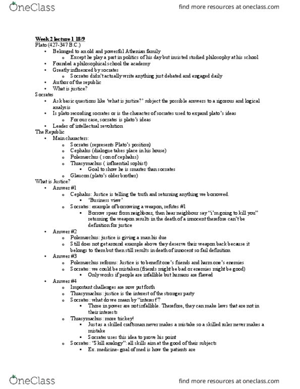 POLS 250 Lecture Notes - Lecture 2: Polemarchus, Cephalus, Thrasymachus thumbnail