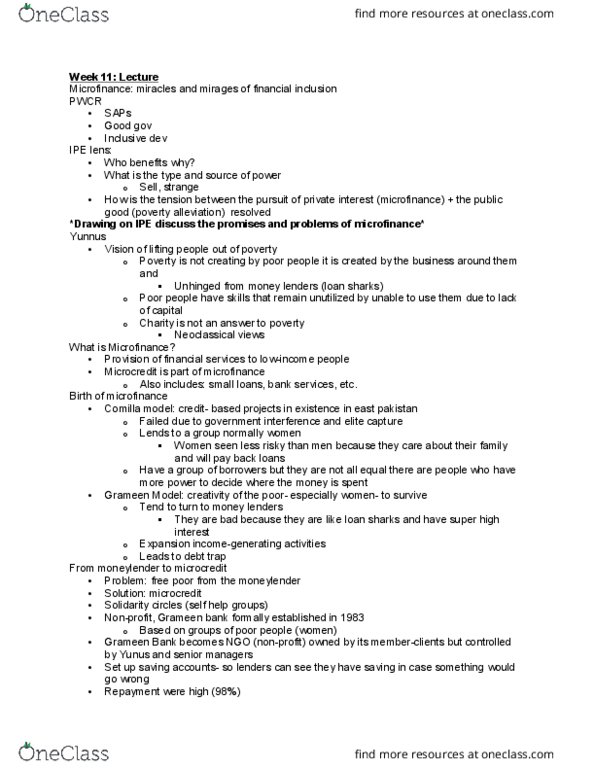 DEVS 230 Lecture Notes - Lecture 11: Grameen Bank, Loan Shark, Comilla Model thumbnail