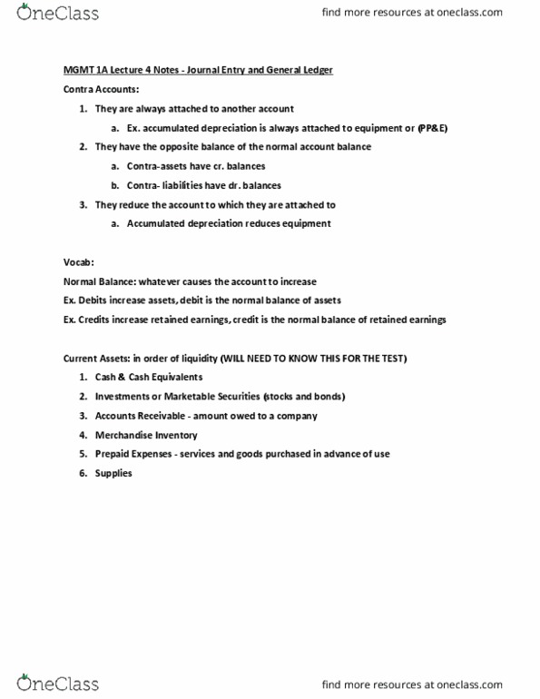 MGMT 1A Lecture Notes - Lecture 4: General Ledger, Deferral, Retained Earnings thumbnail