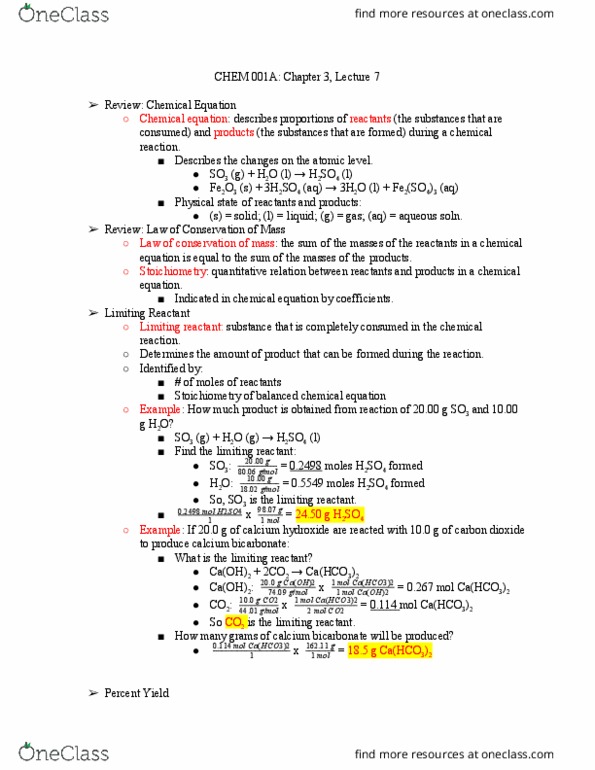 CHEM 001A Lecture Notes - Lecture 7: Calcium Bicarbonate, Calcium Hydroxide, Limiting Reagent thumbnail