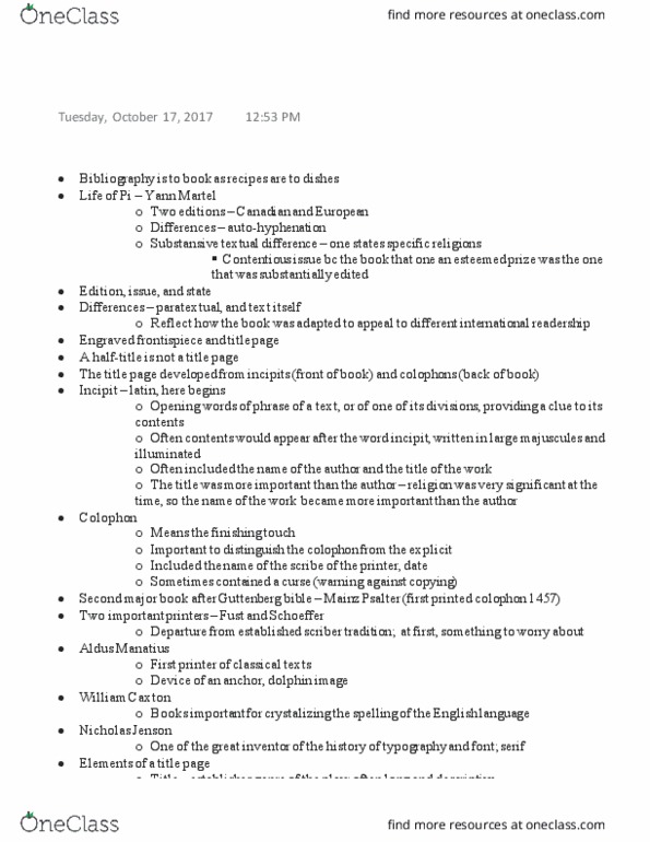 SMC228H1 Lecture Notes - Lecture 5: Yann Martel, Incipit, Serif thumbnail
