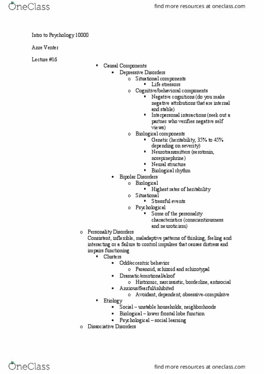 PSY10000 Lecture Notes - Lecture 16: Frontal Lobe, Schizotypal Personality Disorder, Heritability thumbnail