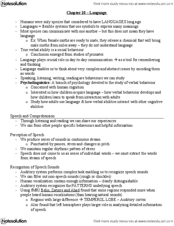 PSYA02H3 Chapter Notes - Chapter 10: Auditory Cortex, Temporal Lobe, Frontal Lobe thumbnail