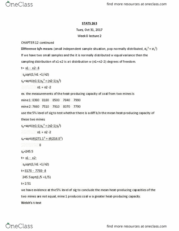 STAT 263 Lecture Notes - Lecture 8: Null Hypothesis, Traditional Pop Music, Standard Deviation thumbnail