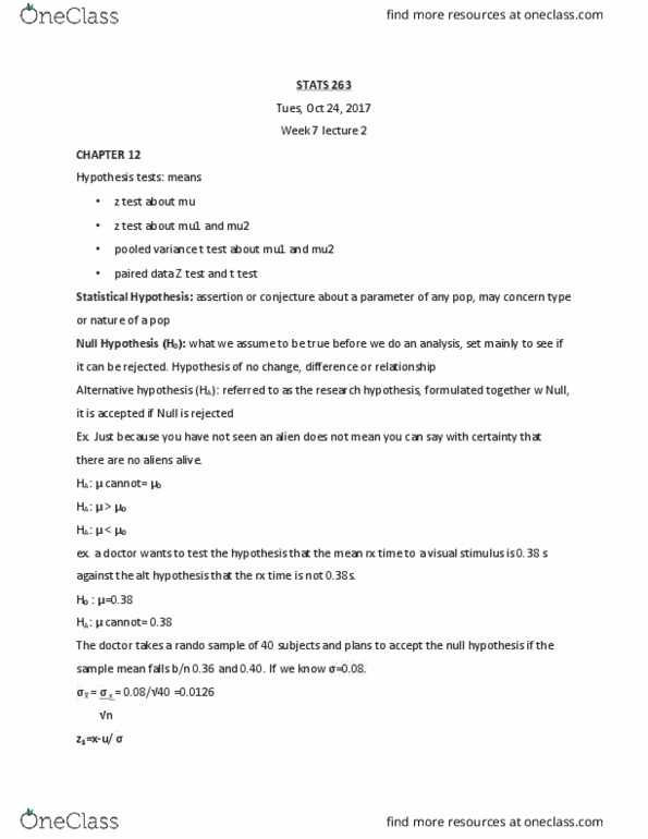 STAT 263 Lecture Notes - Lecture 7: Type I And Type Ii Errors, Alternative Hypothesis, Statistical Hypothesis Testing thumbnail