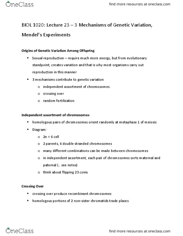 BIOL 1020 Lecture Notes - Lecture 23: Chromosome, Allele, Sexual Reproduction thumbnail