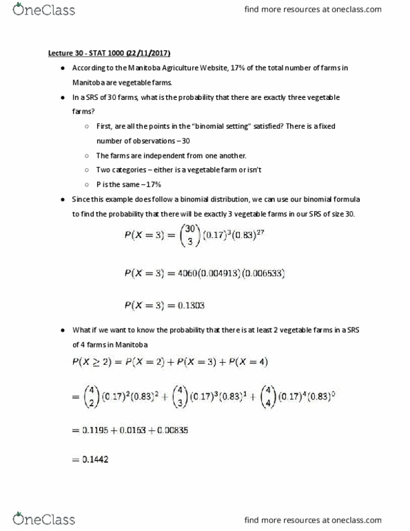 STAT 1000 Lecture Notes - Lecture 30: Central Limit Theorem, Statistical Parameter, Binomial Distribution thumbnail