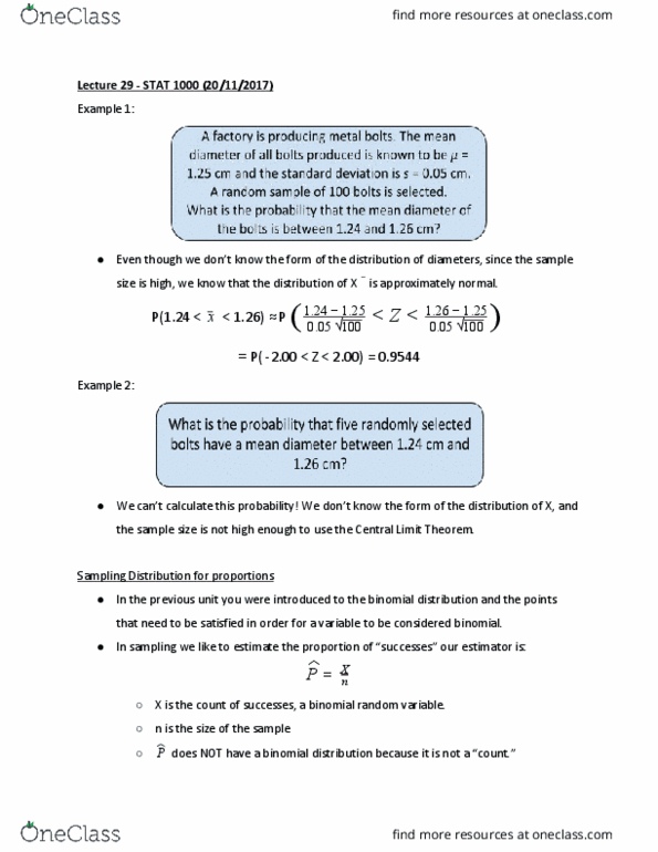 STAT 1000 Lecture Notes - Lecture 29: Random Variable, Standard Deviation, Central Limit Theorem thumbnail