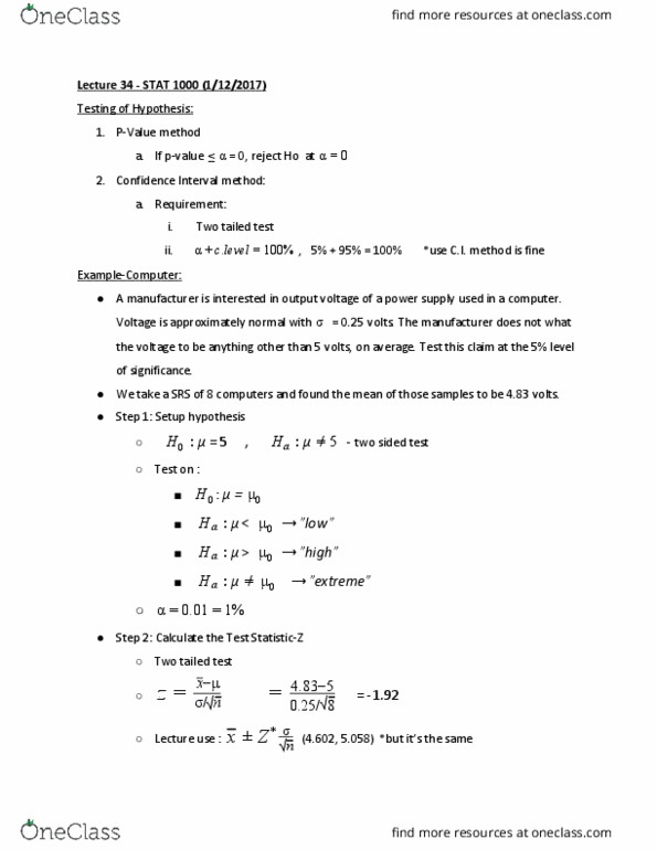 STAT 1000 Lecture Notes - Lecture 34: Null Hypothesis, Confidence Interval, Standard Deviation thumbnail