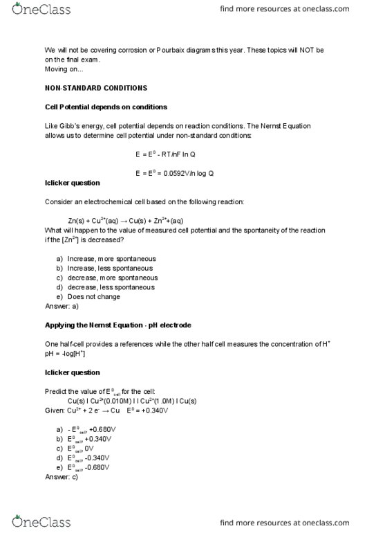 CHEM 154 Lecture Notes - Lecture 26: Gibbs Free Energy, Nernst Equation, Pourbaix Diagram thumbnail