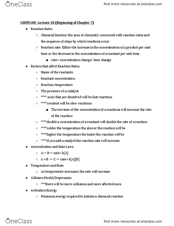 CHEM 100 Lecture Notes - Lecture 18: Reagent, Chemical Kinetics, Reaction Rate thumbnail