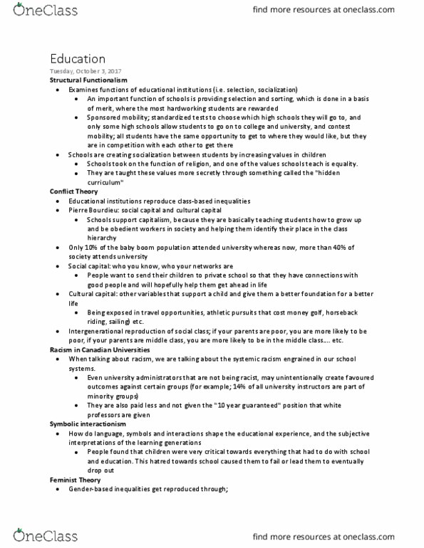 SOCIOL 1A06 Lecture Notes - Lecture 8: Social Capital, Symbolic Interactionism, Hidden Curriculum thumbnail