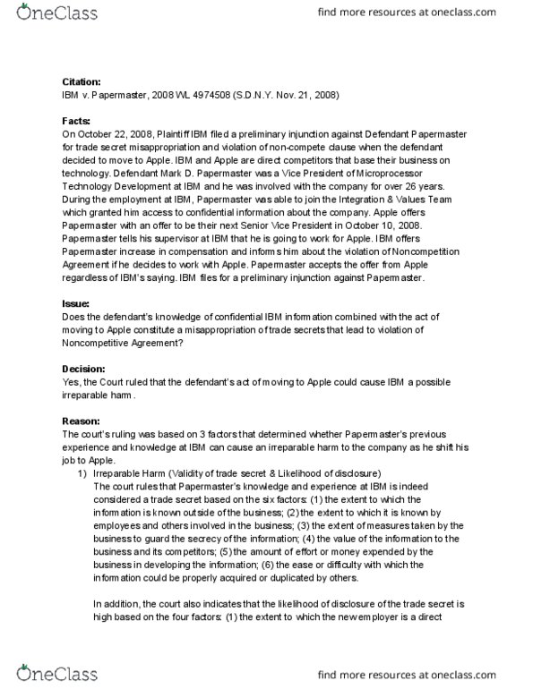 IST 432 Lecture Notes - Lecture 5: United States District Court For The Southern District Of New York, Trade Secret, Non-Compete Clause thumbnail