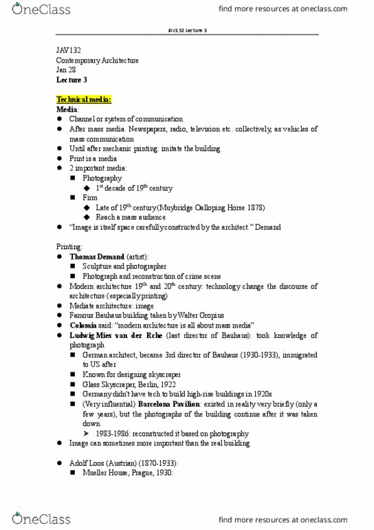 JAV132H1 Lecture Notes - Lecture 3: Adolf Loos, Thomas Demand, Modern Architecture thumbnail