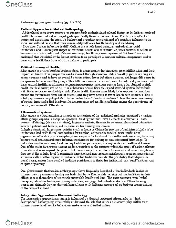 ANTHROP 1AA3 Chapter Notes - Chapter 1-13 : Structural Violence, Medical Anthropology, Ethnomedicine thumbnail
