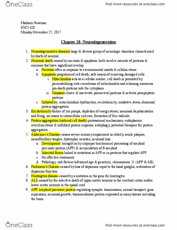 NSCI428 Chapter Notes - Chapter 18: Dementia, Tauopathy, Transmembrane Protein thumbnail
