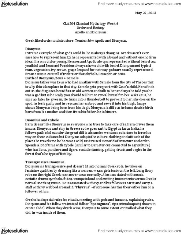 CLA204H1 Lecture Notes - Pentheus, Maenad, Dionysia thumbnail