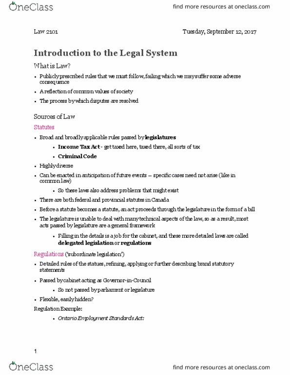 Law 2101 Lecture Notes - Lecture 1: Substantive Law, Scientific Reports, Inquisitorial System thumbnail