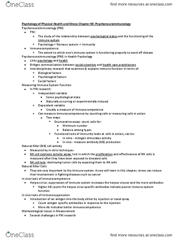 Psychology 2036A/B Chapter 3: Psychology of Physical Health and Illness Chapter #3- Psychoneuroimmunology thumbnail