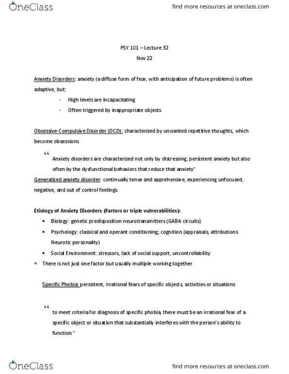 PSY 101 Lecture Notes - Lecture 32: Operant Conditioning, Multiple Working, Generalized Anxiety Disorder thumbnail