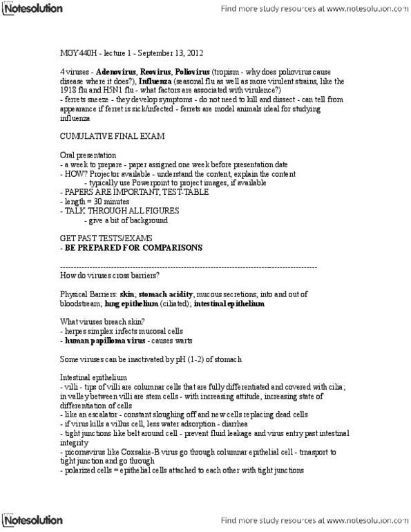 MGY440H1 Lecture Notes - Human Papillomavirus Infection, Intestinal Epithelium, Microfold Cell thumbnail