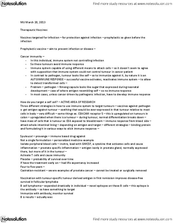 CSB202H1 Lecture Notes - Prostate, Epitope, Sipuleucel-T thumbnail