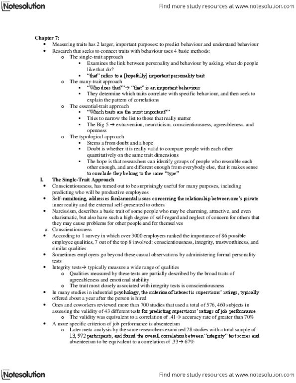 PSYC 2130 Chapter Notes - Chapter 7: Conscientiousness, Trait Theory, Job Performance thumbnail