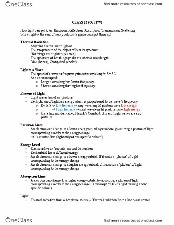 AST101H1 Lecture Notes - Lecture 12: Absorption Spectroscopy, Photon, Photosphere thumbnail