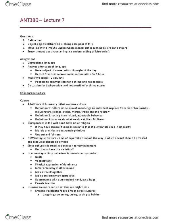 ANT380H5 Lecture Notes - Lecture 7: Object Permanence, Thermoregulation, Kanzi thumbnail