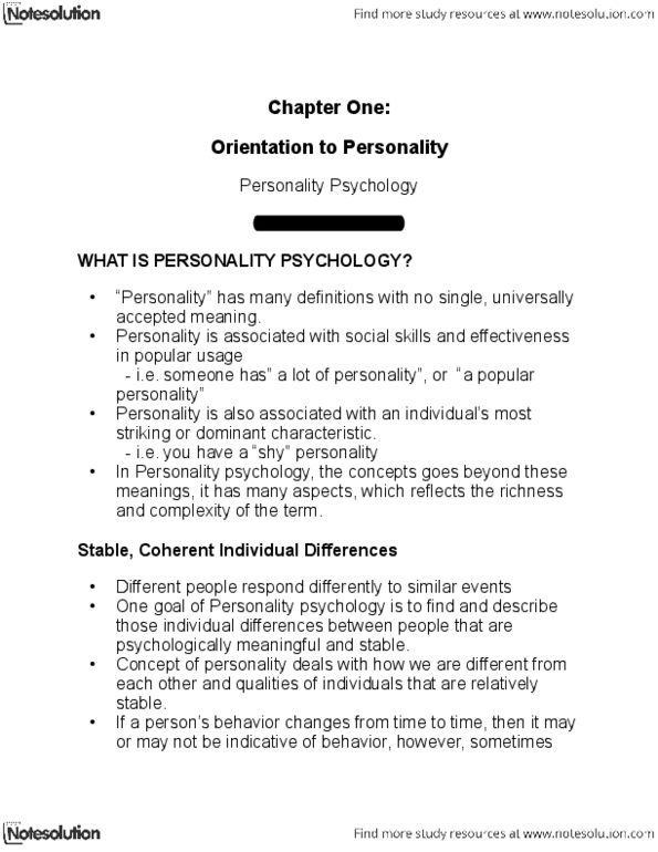 PSYCH356 Chapter Notes - Chapter 1: Personality Psychology, Agreeableness thumbnail