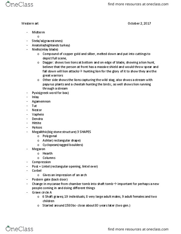 ARTH 2150 Lecture Notes - Lecture 8: Iliad, Heinrich Schliemann, Death Masks thumbnail