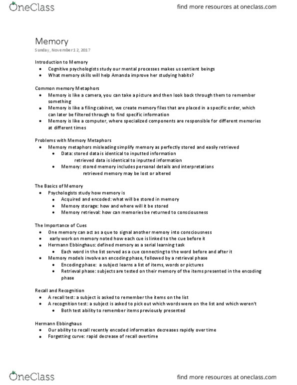 PSYCH 1X03 Lecture Notes - Lecture 8: Elizabeth Loftus, Short-Term Memory, Subsequence thumbnail