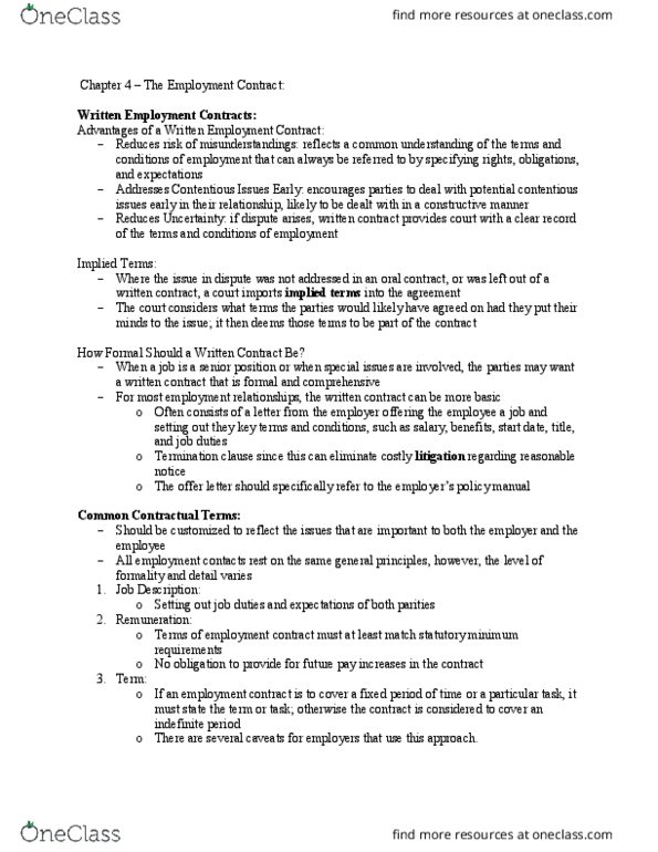 HROB 3050 Chapter Notes - Chapter 4: Contra Proferentem, The Employer, Oral Contract thumbnail