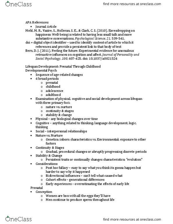 PSYC 1010 Lecture Notes - Lecture 14: Fetal Alcohol Spectrum Disorder, Brainstem, Egocentrism thumbnail