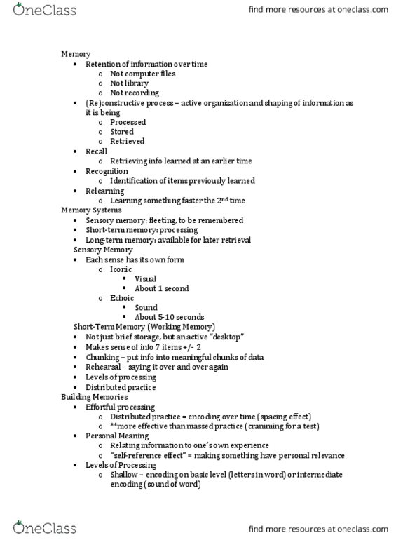 PSYC 1010 Lecture Notes - Lecture 13: Long-Term Potentiation, Recovered-Memory Therapy, Mnemonic thumbnail