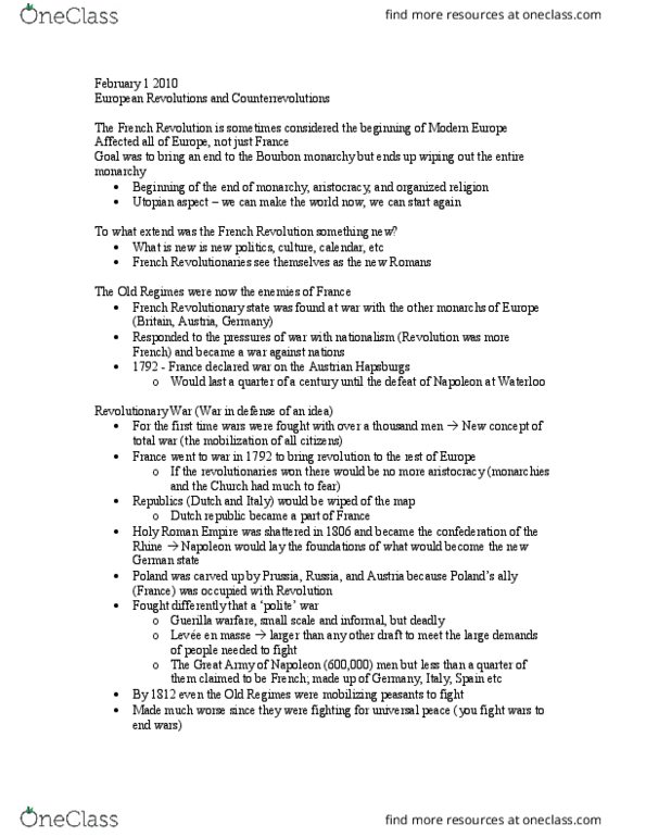 HIST 215 Lecture Notes - Lecture 10: Guerrilla Warfare, History Of Europe, Total War thumbnail