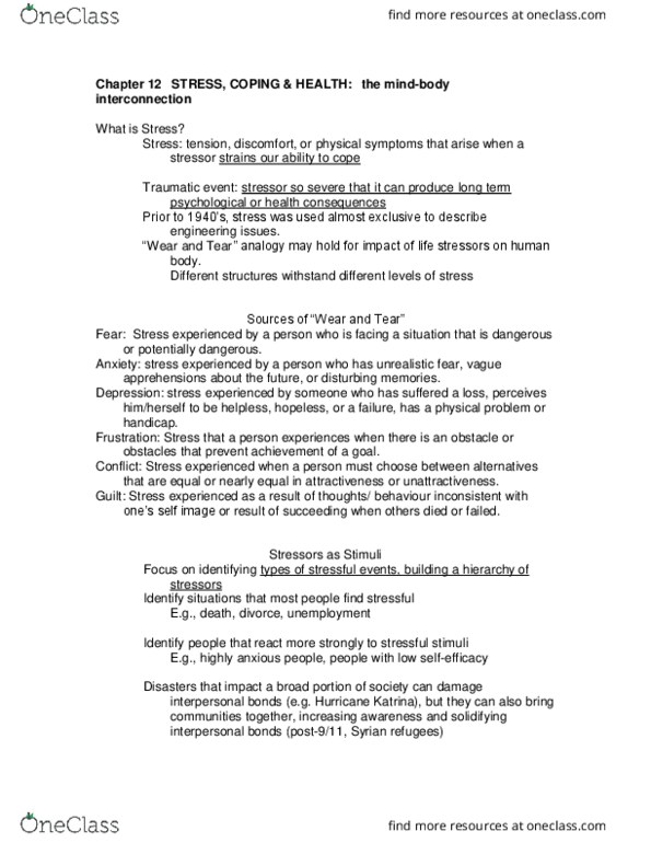 PSY 202 Lecture Notes - Lecture 5: James W. Pennebaker, The Hassles, Psychoneuroimmunology thumbnail