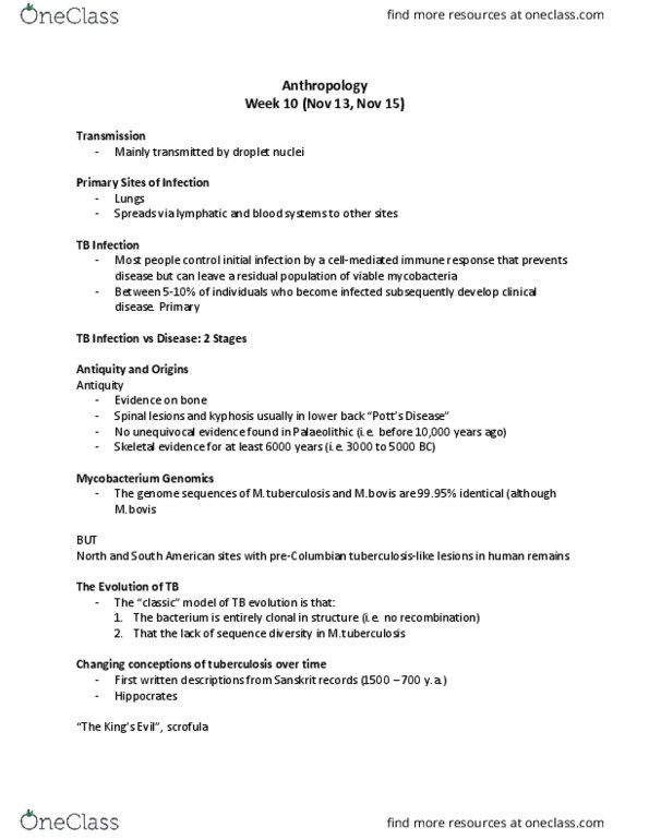 ANTHROP 2U03 Lecture Notes - Lecture 10: Tuberculous Cervical Lymphadenitis, Social Forces, Sputum thumbnail
