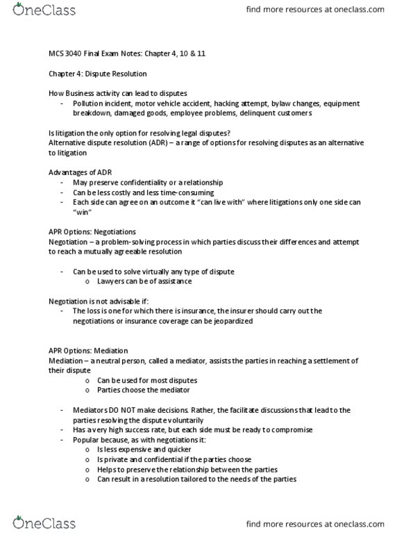 MCS 3040 Lecture Notes - Lecture 2: Contingent Fee, Punitive Damages, Garnishment thumbnail