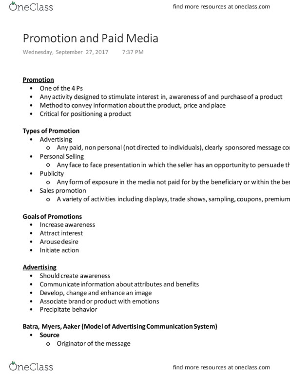 MKT 828 Lecture Notes - Lecture 15: Escalator, Sales Promotion, Target Market thumbnail