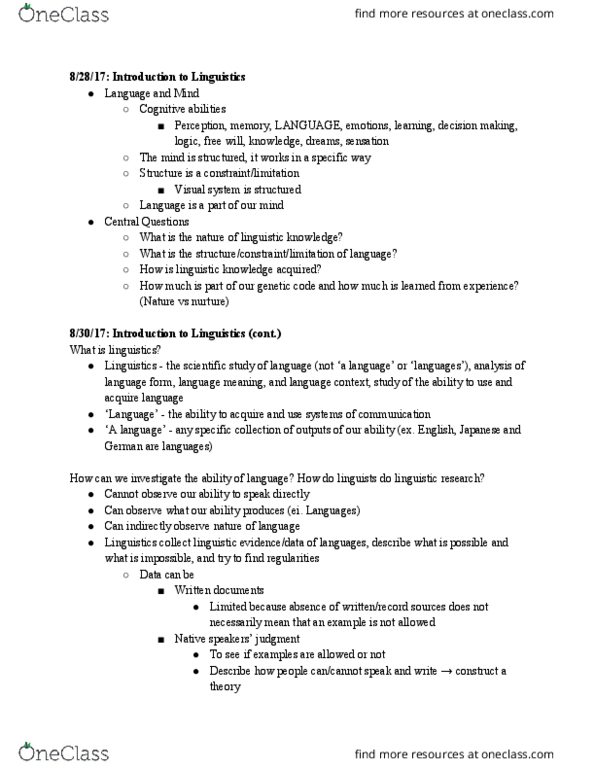 LING 1010 Lecture Notes - Lecture 1: Visual System thumbnail