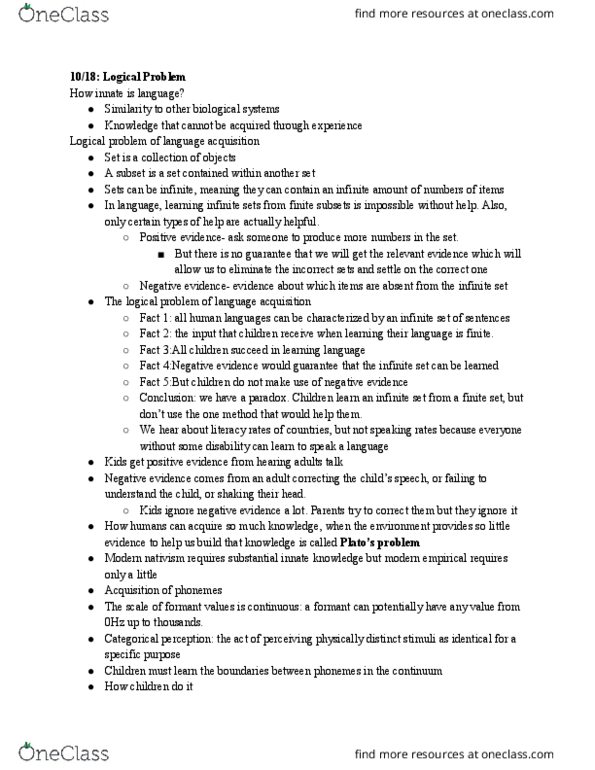 LING 1010 Lecture Notes - Lecture 17: Formant, Categorical Perception, Language Production thumbnail