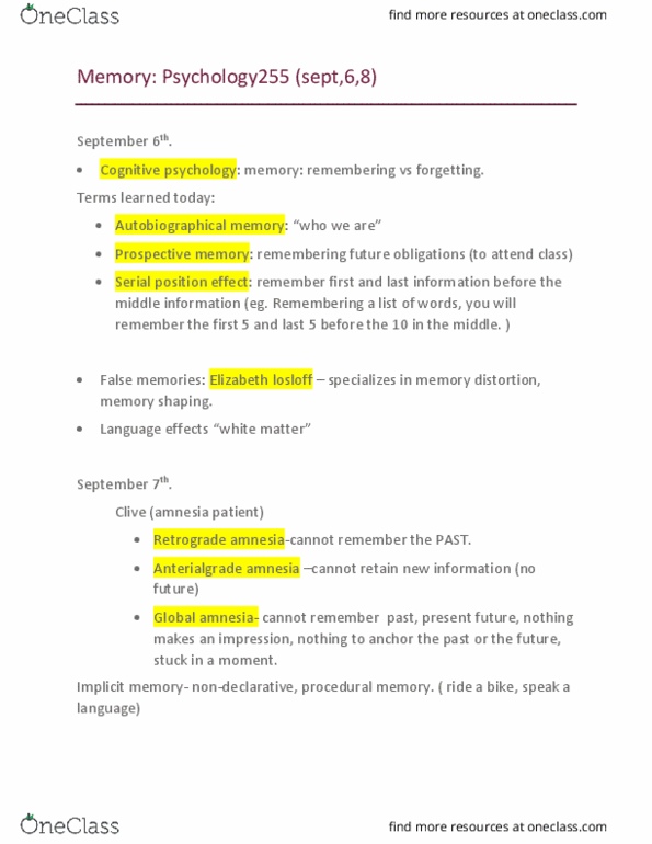 PSY 255 Lecture Notes - Lecture 8: Episodic Memory, Dream Interpretation, Paleontology thumbnail