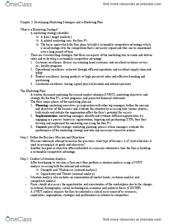 BU352 Chapter Notes - Chapter 2: Market Segmentation, Operational Excellence, Marketing Mix thumbnail